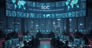 Centro de Operações de Segurança (SOC) monitorando ameaças 24x7 em ambiente corporativo.
